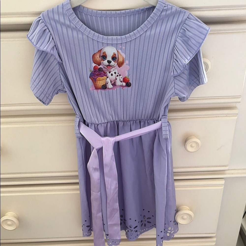 Girls Lilac Striped Girls Dress with Puppy Motif size 5